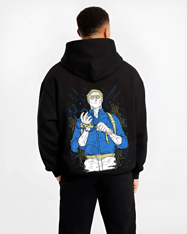 Black hoodie worn by male model, back view with Nanami Hoodie Jujutsu Kaisen Detective Suit graphic premium wear.