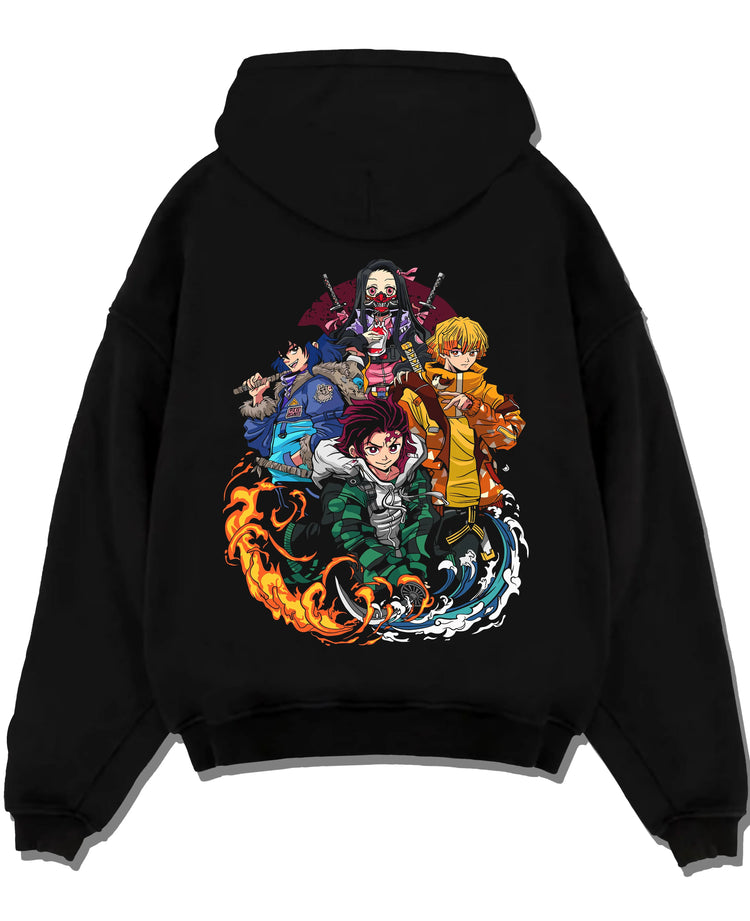Black pullover hoodie laid flat with Demon Slayer Hoodie Upper Moon Group Villains Arc graphic bold anime graphic.