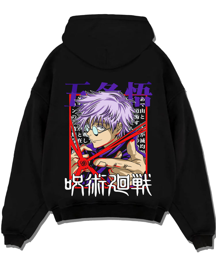 Black pullover hoodie laid flat with Satoru Gojo Hoodie Jujutsu Kaisen Infinity Cut graphic premium wear.