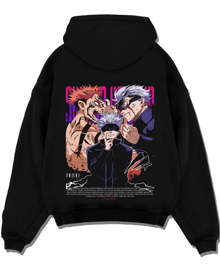 Black pullover hoodie laid flat with Yuji Gojo Hoodie Jujutsu Kaisen Battle Clash graphic streetwear graphic.