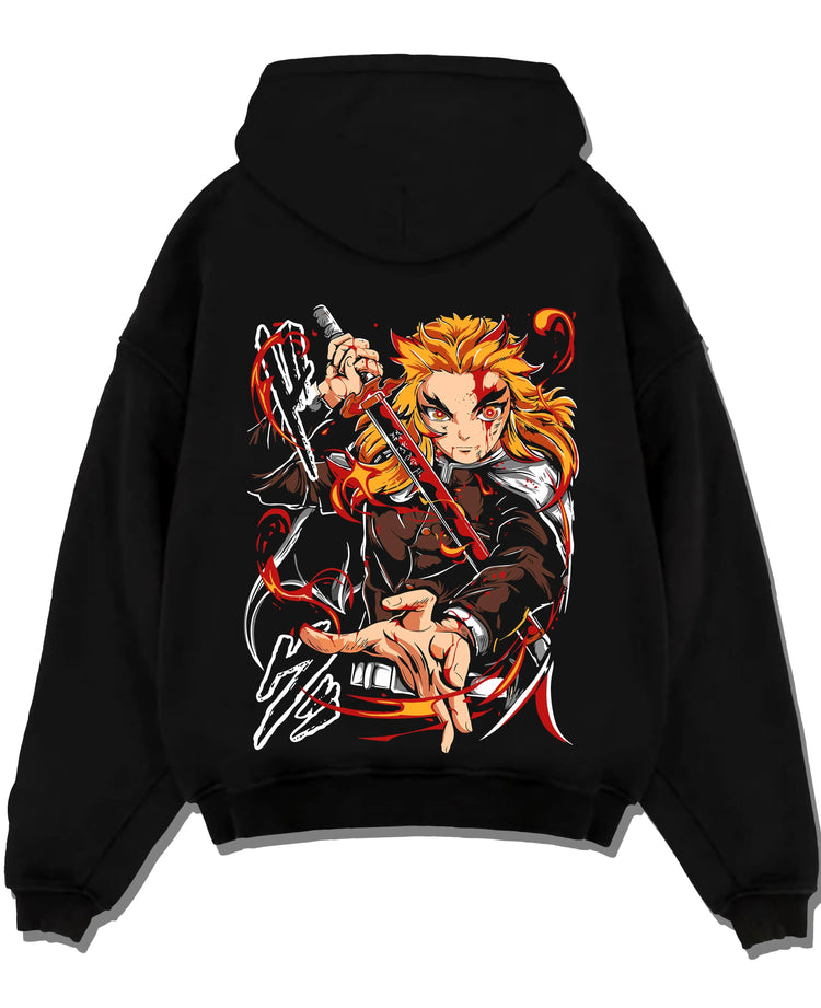 Black pullover hoodie laid flat with Kyojuro Rengoku Hoodie Demon Slayer Flame Pillar graphic streetwear graphic.