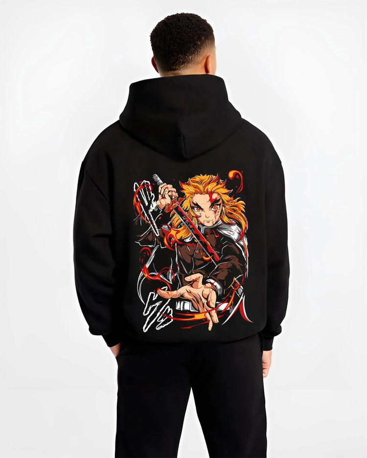 Black hoodie worn by male model, back view with Kyojuro Rengoku Hoodie Demon Slayer Flame Pillar graphic bold anime graphic.