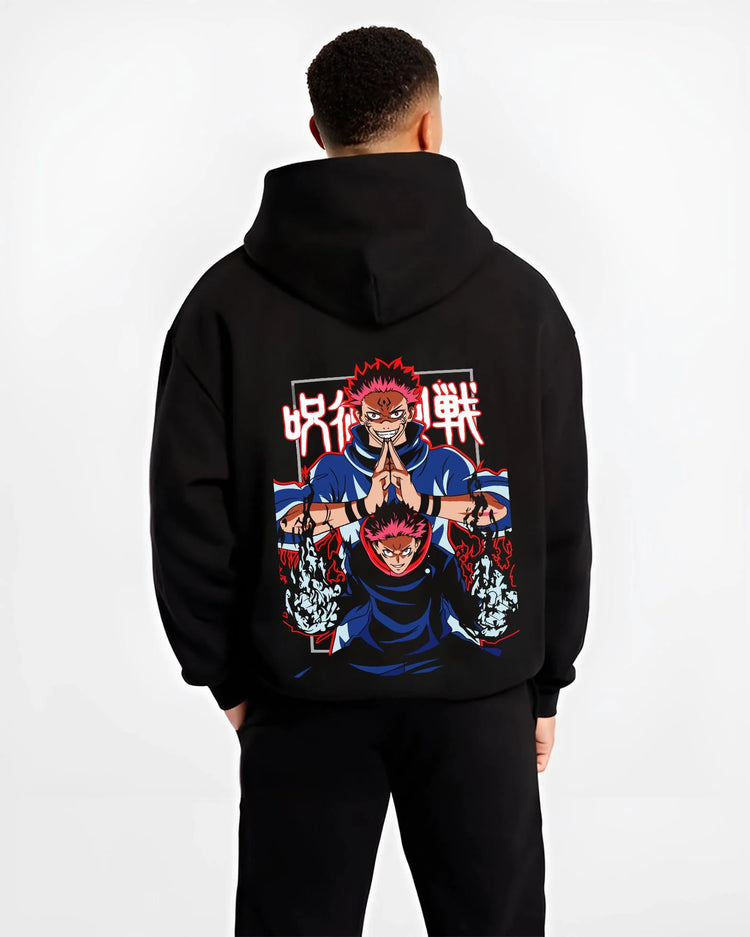 Black hoodie worn by male model, back view with Yuji Itadori Hoodie Jujutsu Kaisen Action Pose graphic bold anime graphic.