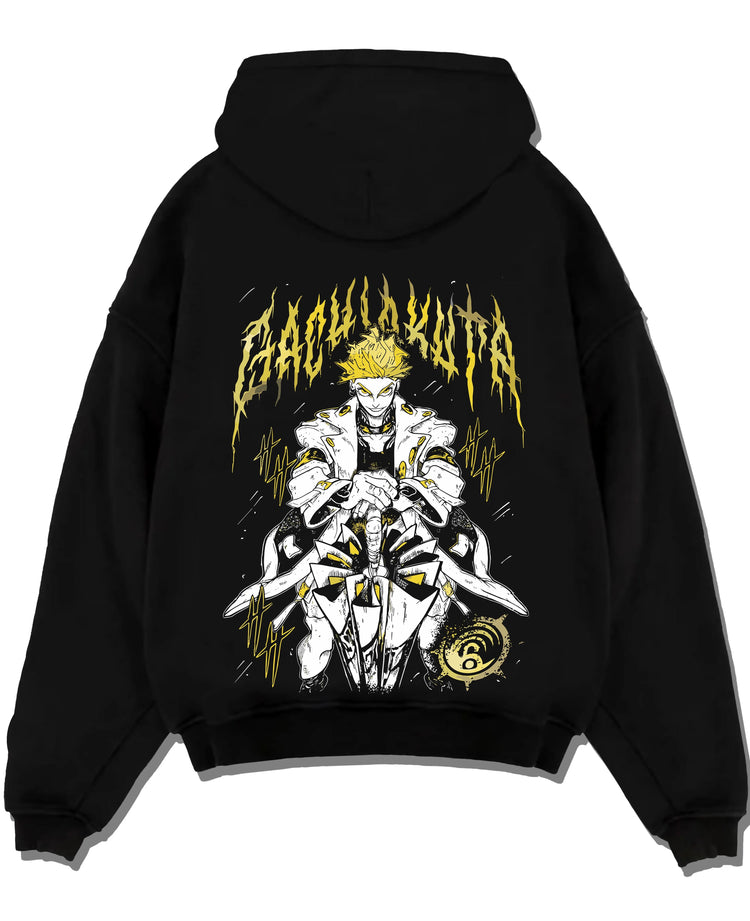Black pullover hoodie laid flat with Rudo Hoodie Gachiakuta Skeletal Yellow Art graphic vintage manga graphic.