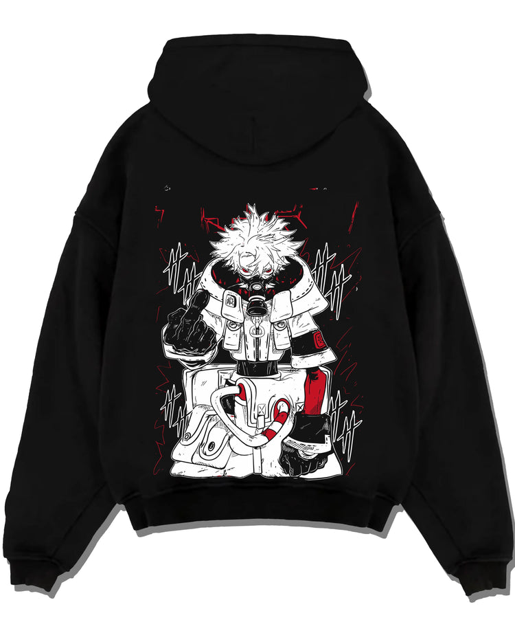 Black pullover hoodie laid flat with Rudo Hoodie Gachiakuta Toxic Red Gas Mask graphic streetwear graphic.