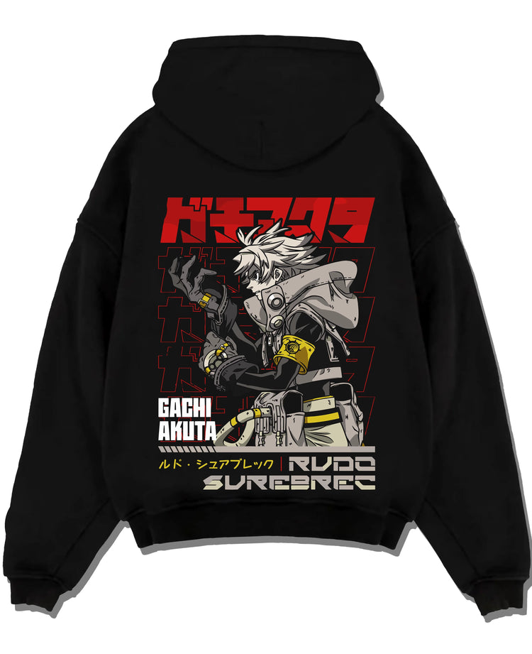 Black pullover hoodie laid flat with Rudo Hoodie Gachiakuta Weaponized Armor Suit graphic Rudo anime design.