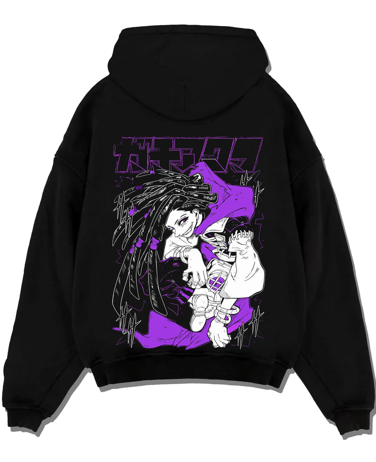 Black pullover hoodie laid flat with Rudo Hoodie Gachiakuta Purple Dreadlock Form graphic bold anime graphic.