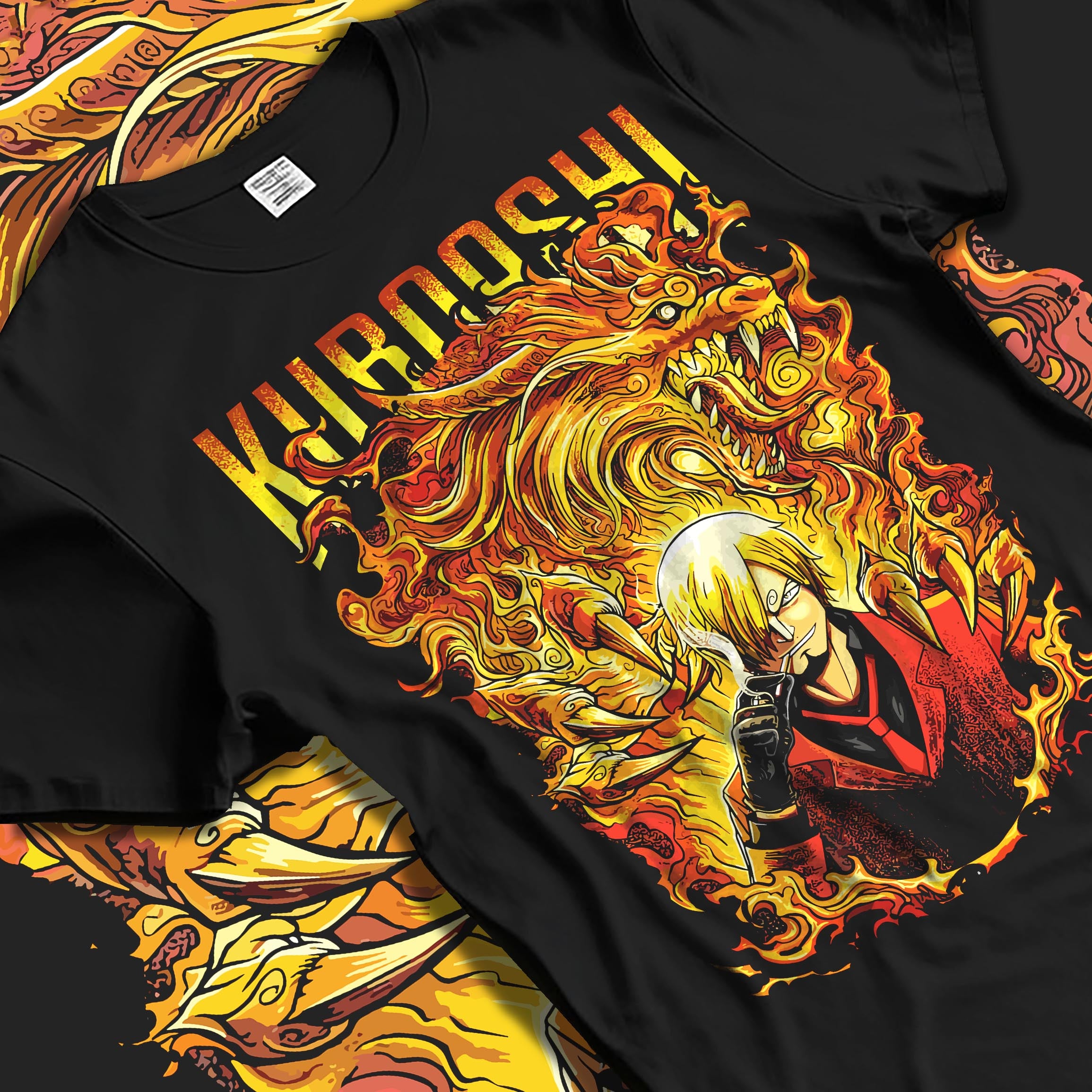 Black T-shirt laid flat with natural fabric folds, featuring Sanji Kuroashi One Piece fiery retro manga graphic with bold Japanese animation inspired artwork.