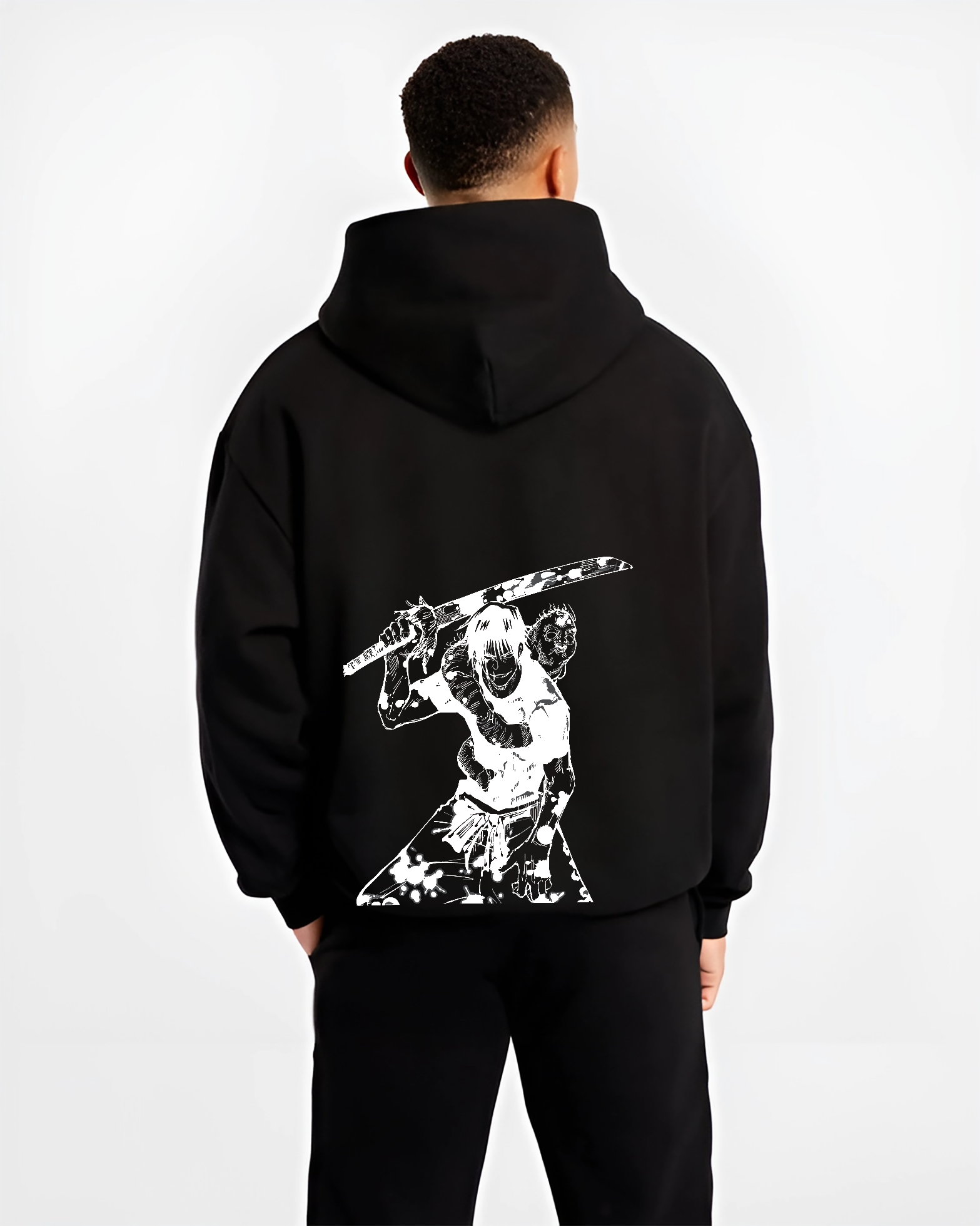 Black hoodie worn by a male model, back view, featuring Jujutsu Kaisen Toji Fushiguro anime poster inspired design with retro manga artwork print and striking battle ready style.