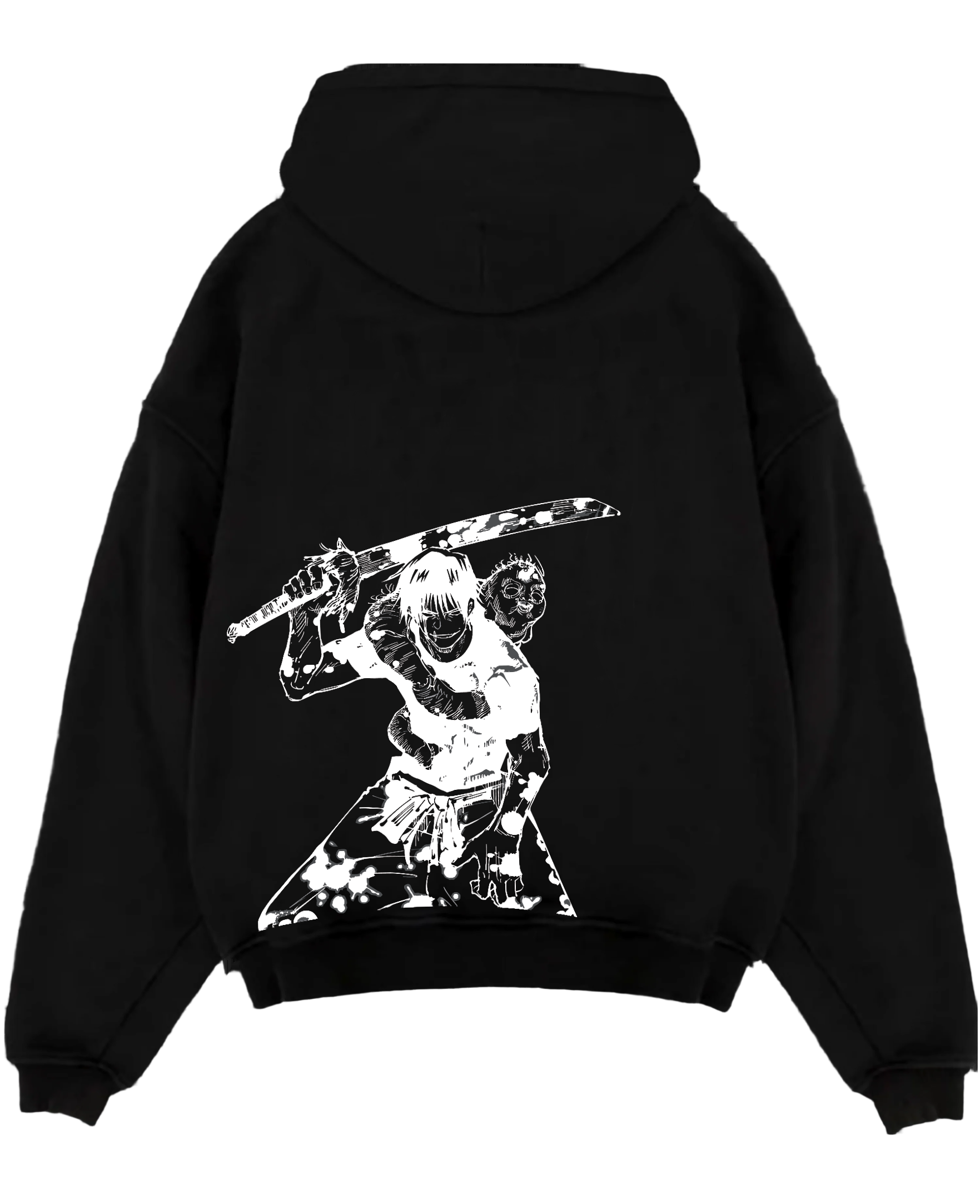 Black pullover hoodie laid flat on a white background, featuring Jujutsu Kaisen Toji Fushiguro dark manga panel artwork print with bold shonen battle sword stance design.
