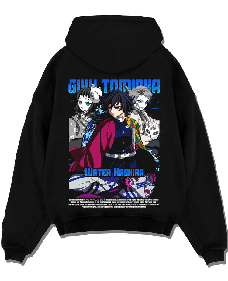 Black pullover hoodie laid flat with Giyu Hoodie Demon Slayer Water Hashira Anime Corps graphic streetwear graphic.
