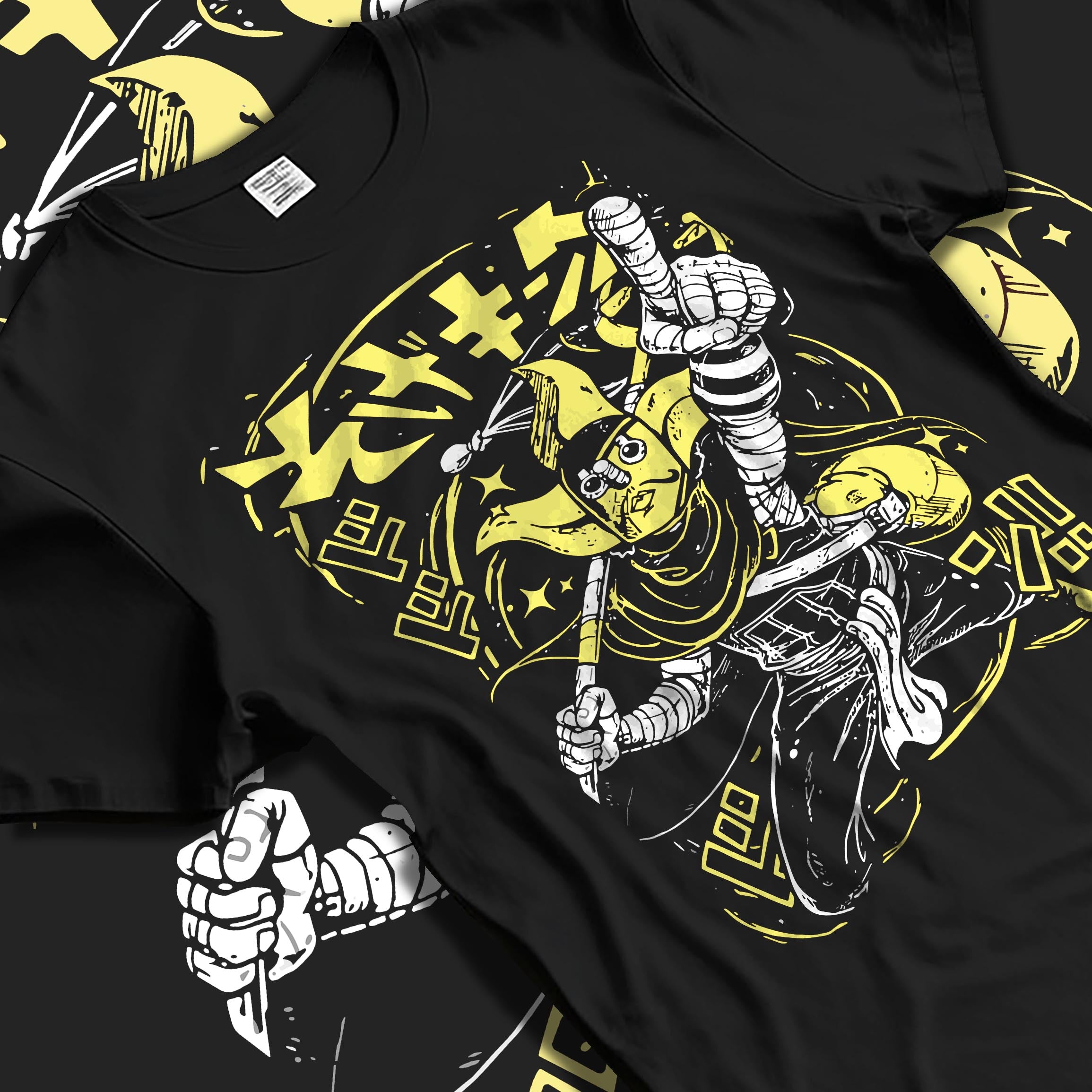 Black T-shirt laid flat with natural fabric folds, featuring JoJo’s Bizarre Adventure retro manga The World Stand design in bold yellow tones with comic panel aesthetic.