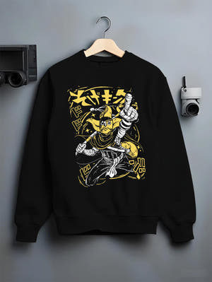Black crewneck sweatshirt on a hanger against a grey wall, featuring JoJo’s Bizarre Adventure The World Stand anime poster inspired artwork in bold yellow retro style.