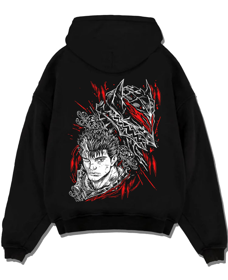 Black pullover hoodie laid flat with Guts Berserk Hoodie Wolf Knight Dark Swordsman Anime graphic Guts anime design.