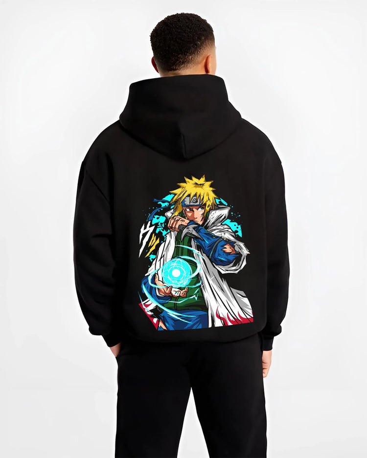 Black hoodie worn by male model, back view with Minato Namikaze Hoodie Naruto Fourth Hokage Power graphic premium wear.