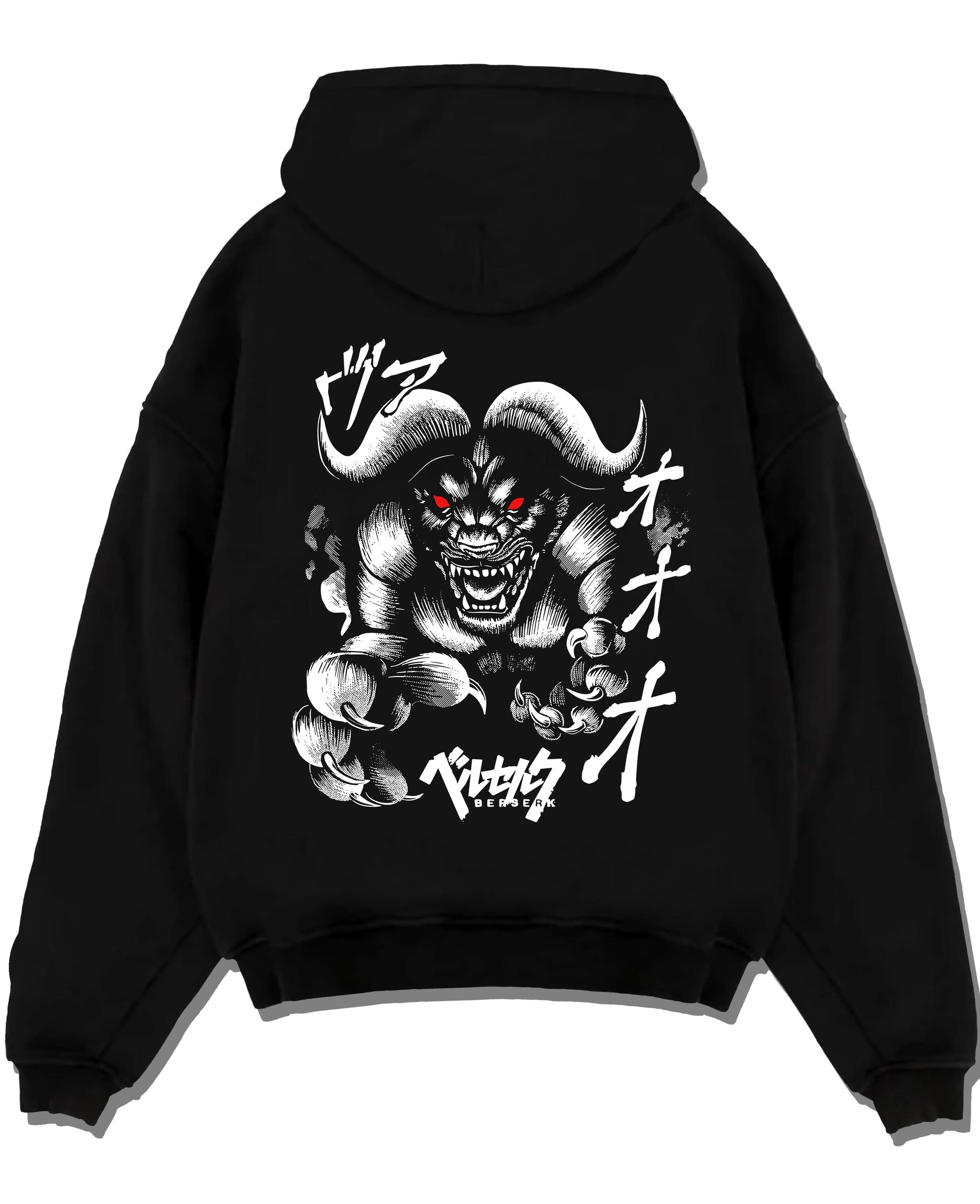 Black pullover hoodie laid flat with Zodd Hoodie Berserk Apostle Demon Beast Swordsman graphic streetwear graphic.