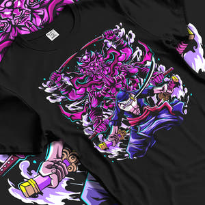 Black T-shirt laid flat with natural fabric folds, featuring Zoro Susanoo retro manga graphic with bold purple aura and detailed anime artwork.