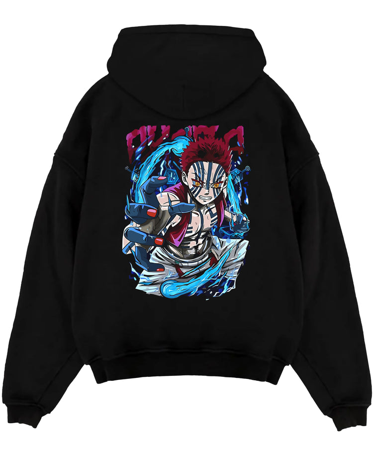 Black pullover hoodie laid flat on a white background, featuring Akaza Demon Slayer anime poster inspired graphic with vivid blue energy aura and shonen battle style.