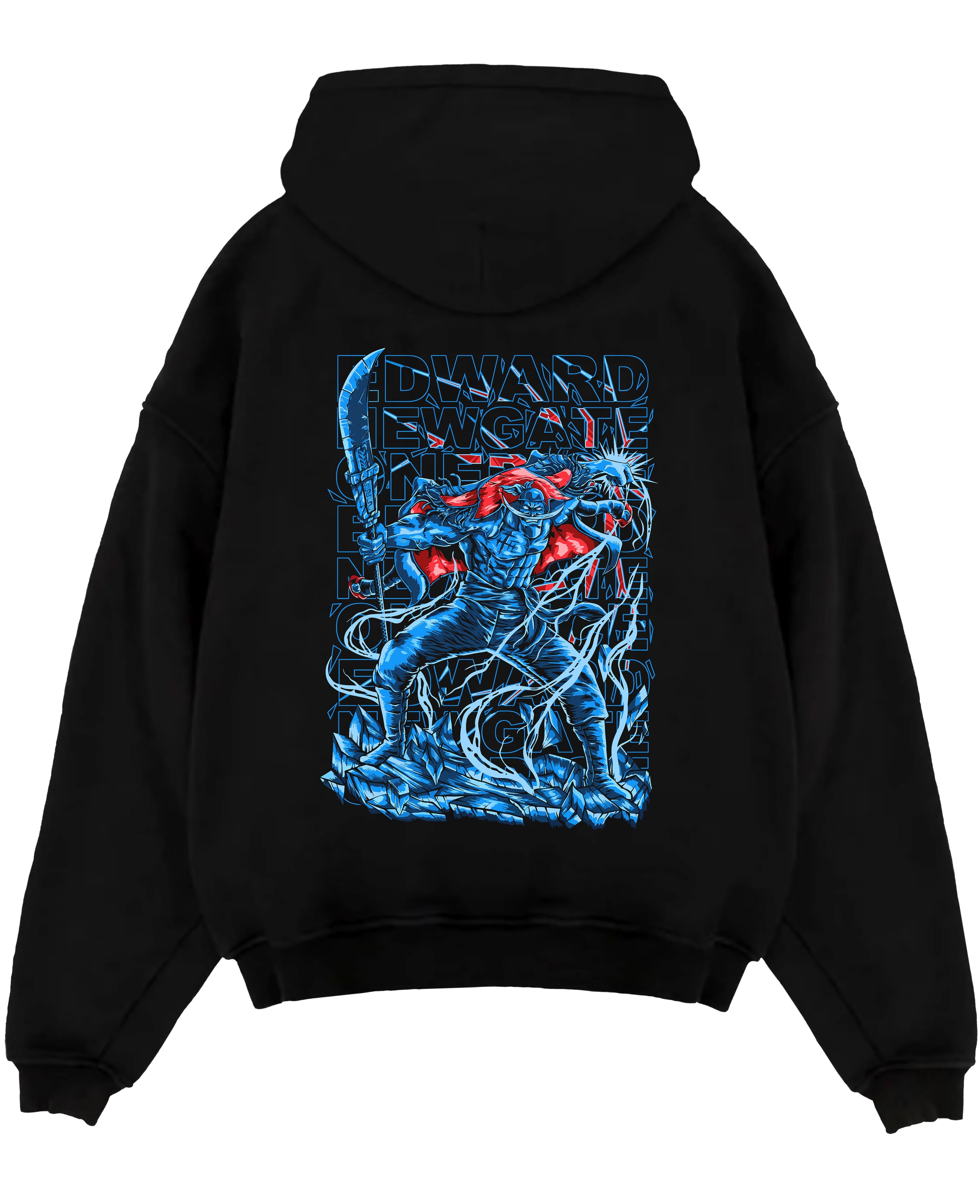 Black pullover hoodie laid flat on white, featuring Edward Newgate One Piece retro manga graphic in blue with bold red cape