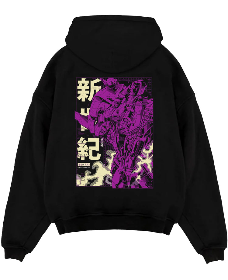 Black pullover hoodie laid flat on white background, featuring Neon Genesis Evangelion Unit-01 retro mecha poster back graphic in vivid purple.