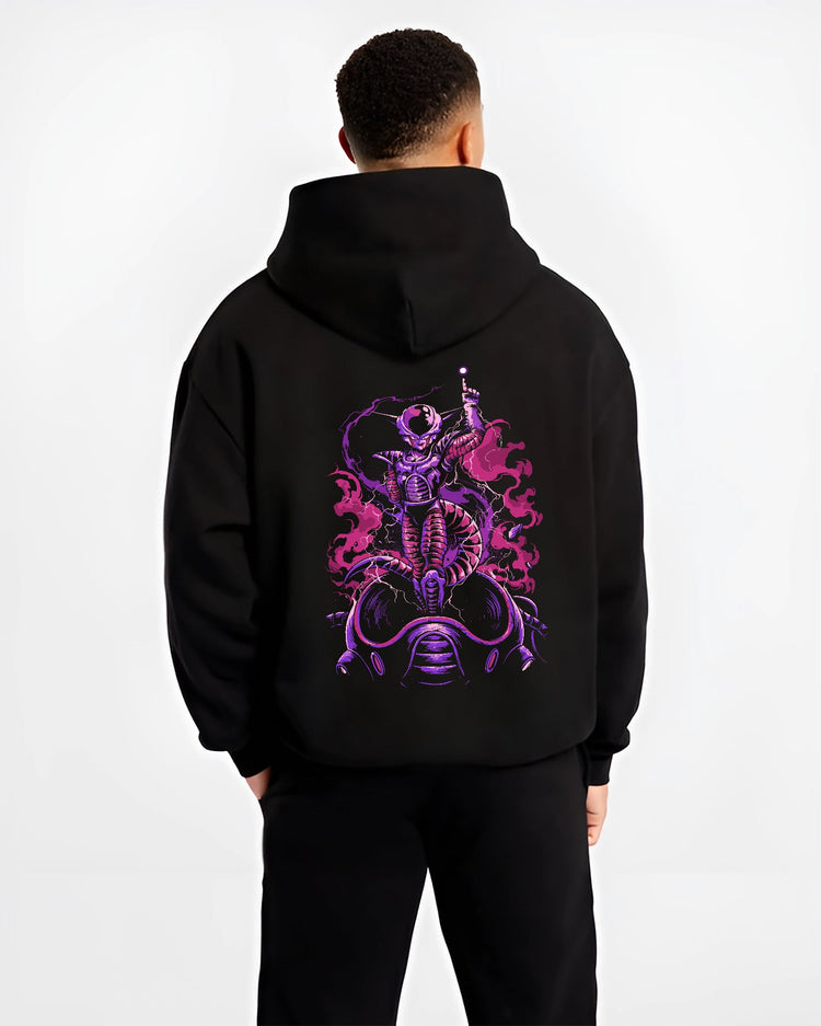 Black hoodie worn by a male model, back view, featuring Frieza Dragon Ball retro manga panel artwork with cyberpunk anime aesthetic purple flame aura.