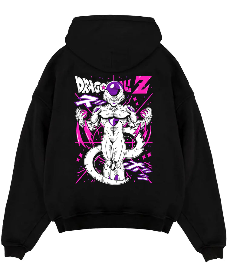 Black pullover hoodie laid flat on a white background, featuring Frieza Dragon Ball Z anime poster inspired design with bold purple retro manga graphic details.