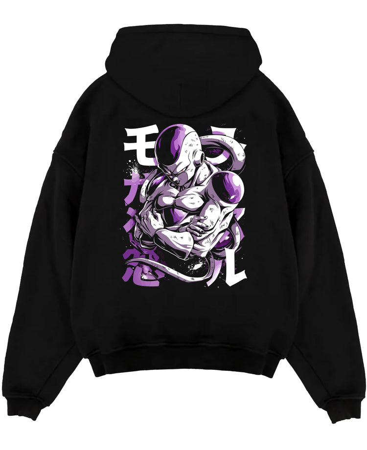 Black pullover hoodie laid flat on a white background, featuring Frieza Dragon Ball Z retro manga inspired artwork with folded arms and dark villain aura in bold purple tones.