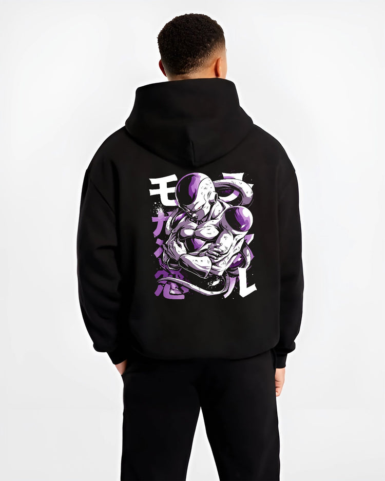 Black hoodie worn by a male model, back view, featuring Frieza Dragon Ball Z anime poster inspired villain graphic with folded arms and intense purple aura design.