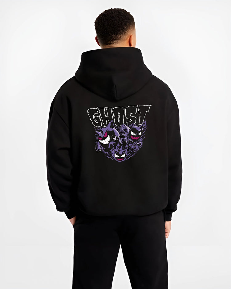 Black hoodie on male model, back view, showing Gengar, Haunter, Gastly retro video game graphic beneath “GHOST” text with purple aura.