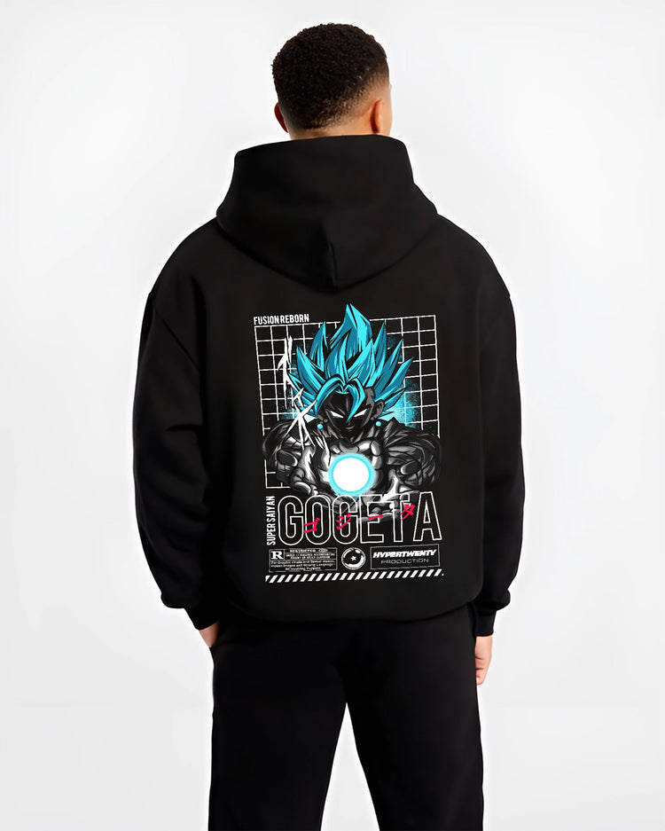 Black hoodie on male model, back view, featuring Gogeta Super Saiyan Blue anime poster back graphic with glowing energy sphere.