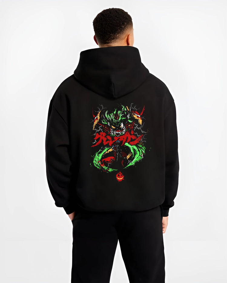Black hoodie on male model, back view, featuring Gurren Lagann anime poster mecha with green energy ring, red kanji and crackling lightning.