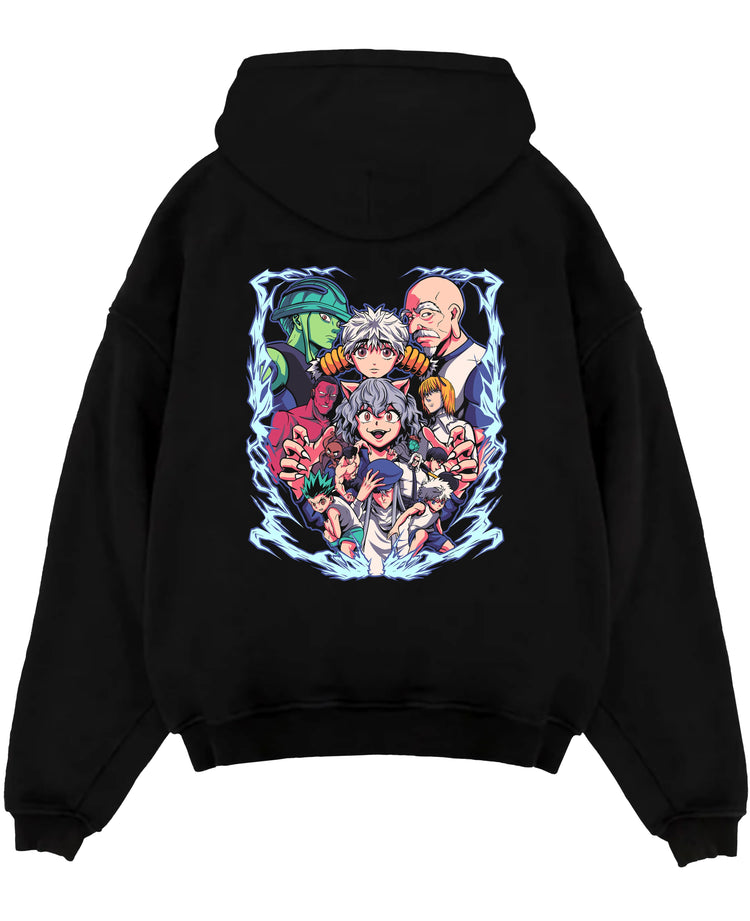 Black pullover hoodie laid flat on white, featuring Hunter x Hunter character collage retro manga graphic with electric aura frame.