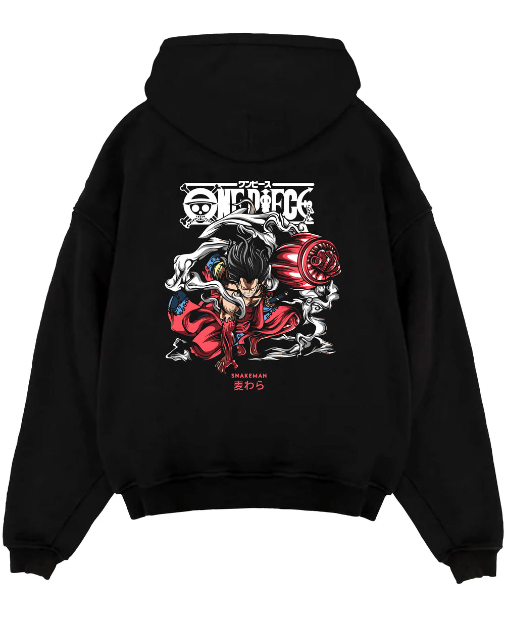 Black pullover hoodie laid flat on white, featuring Luffy Snakeman anime poster back graphic with smoky aura and bold red tones.
