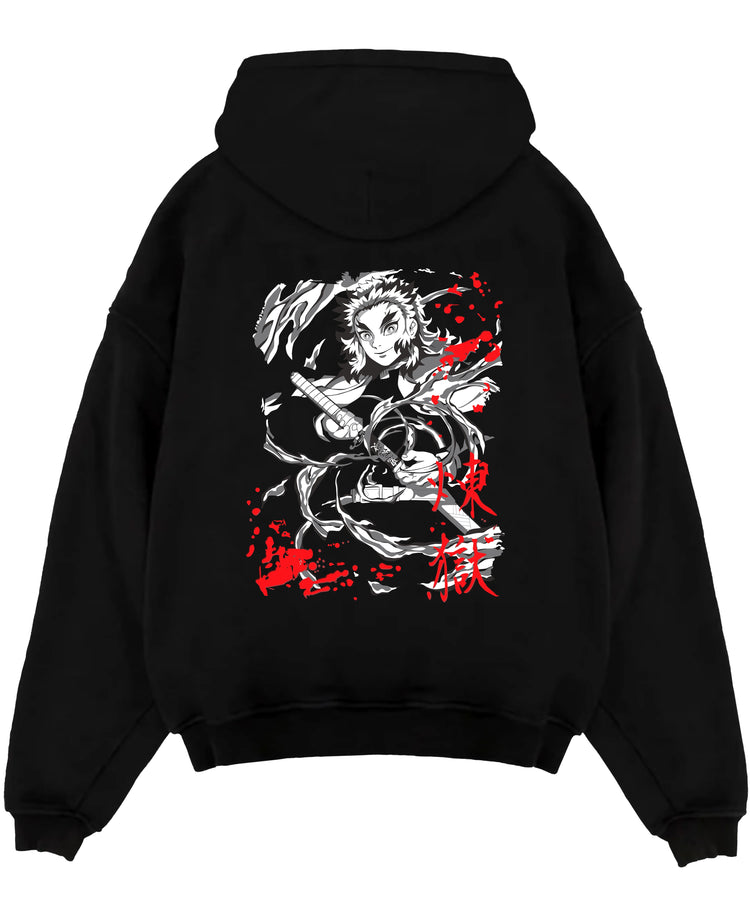 Black pullover hoodie flat on white, featuring Rengoku Demon Slayer retro manga art with swirling flames and bold streetwear back graphic.