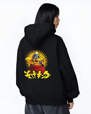 Black hoodie on female model, back view, featuring retro manga idol portrait with radiant sunburst halo and stylized Japanese text.