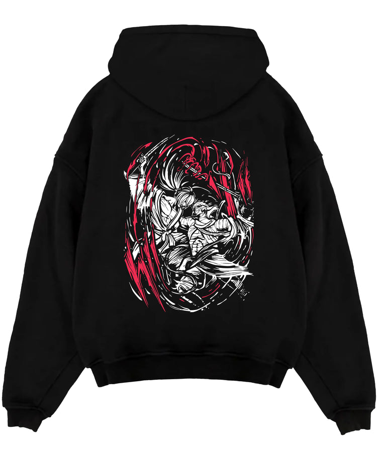 Black pullover hoodie laid flat on white, featuring Rurouni Kenshin Samurai X duel sketch with swirling red sword slashes.