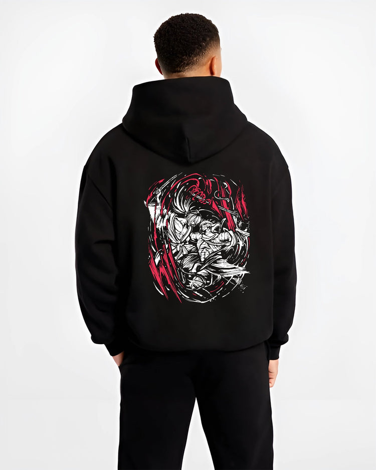 Black hoodie on male model, back view, Rurouni Kenshin Samurai X swordfight line art with dynamic red slash effects.