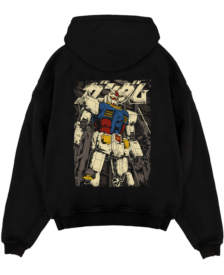 Black pullover hoodie laid flat on a white background, featuring RX-78-2 Gundam retro mecha anime poster inspired design with bold vintage manga artwork