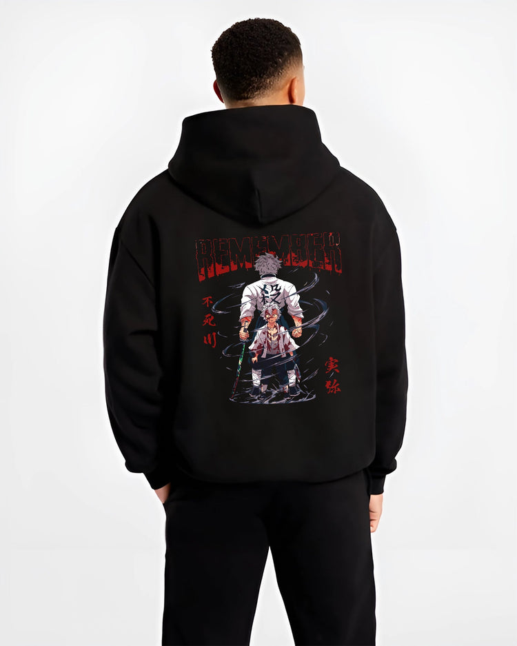 Black hoodie worn by a male model, back view, featuring Sanemi Demon Slayer retro manga graphic with intense battle stance and Japanese animation streetwear design.