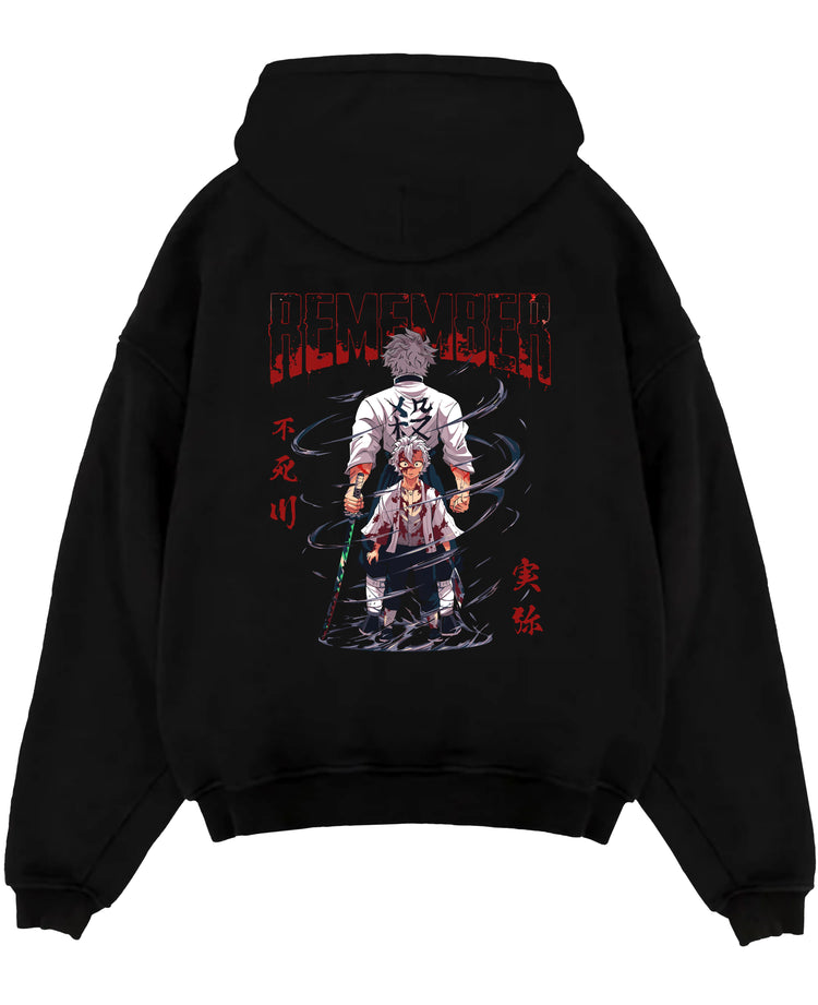 Black pullover hoodie laid flat on white, featuring Sanemi and Genya Demon Slayer retro manga graphic with swirling wind effects and red kanji.