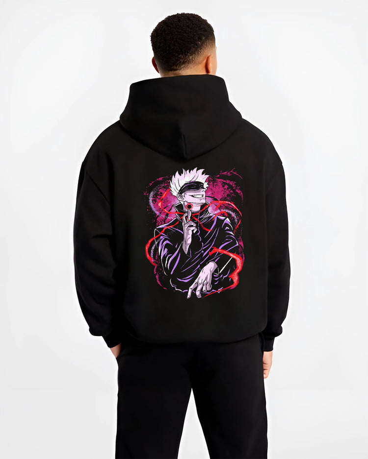 Black hoodie worn by a male model, back view, featuring Gojo Satoru anime poster inspired graphic with red energy and magenta aura.