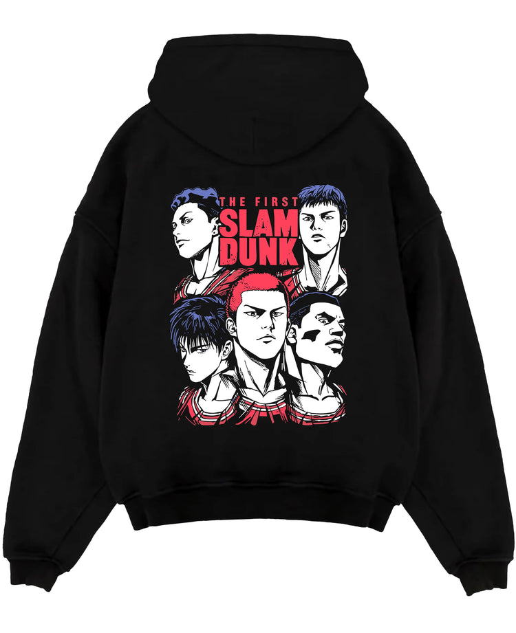 Black pullover hoodie laid flat, featuring Slam Dunk team portrait retro manga graphic with bold red lettering and Japanese streetwear style.