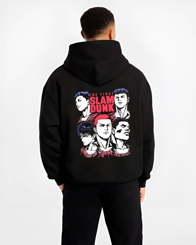 Black hoodie on male model, back view, featuring Slam Dunk lineup retro manga graphic with red title and urban Japanese animation streetwear feel.