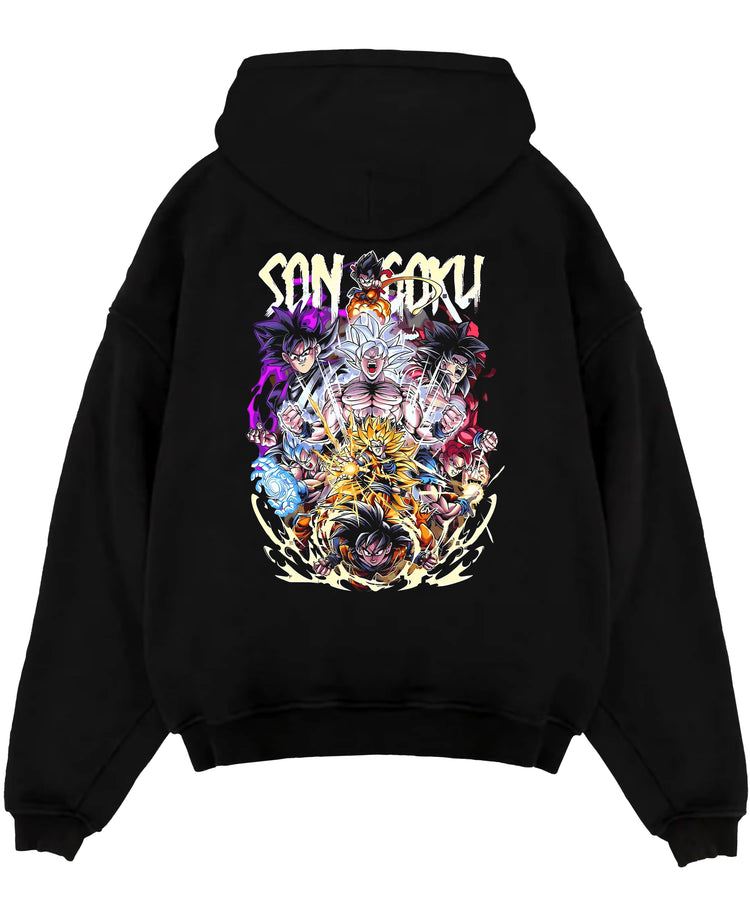 Black pullover hoodie laid flat on a white background, featuring Son Goku Dragon Ball anime poster inspired design with multiple transformations in retro manga style.