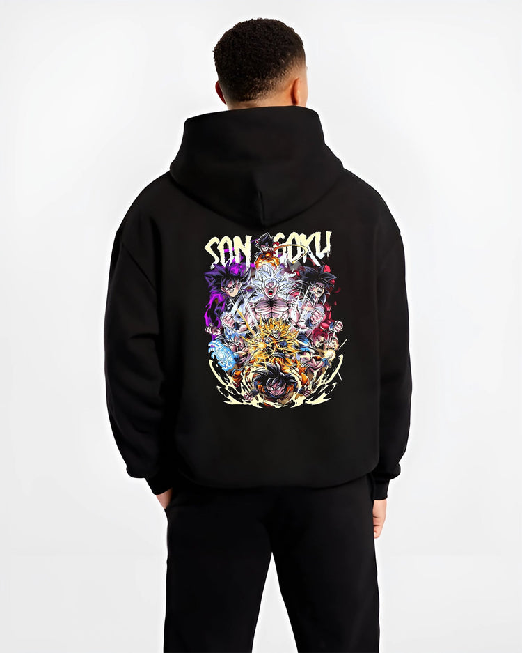 Black hoodie worn by a male model, back view, featuring Son Goku Dragon Ball Japanese animation streetwear graphic with powerful transformations and shonen battle energy.