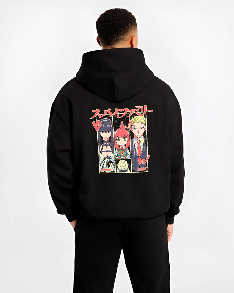Black hoodie on male model, back view, Spy x Family trio panel artwork with Japanese text and vintage manga tones.