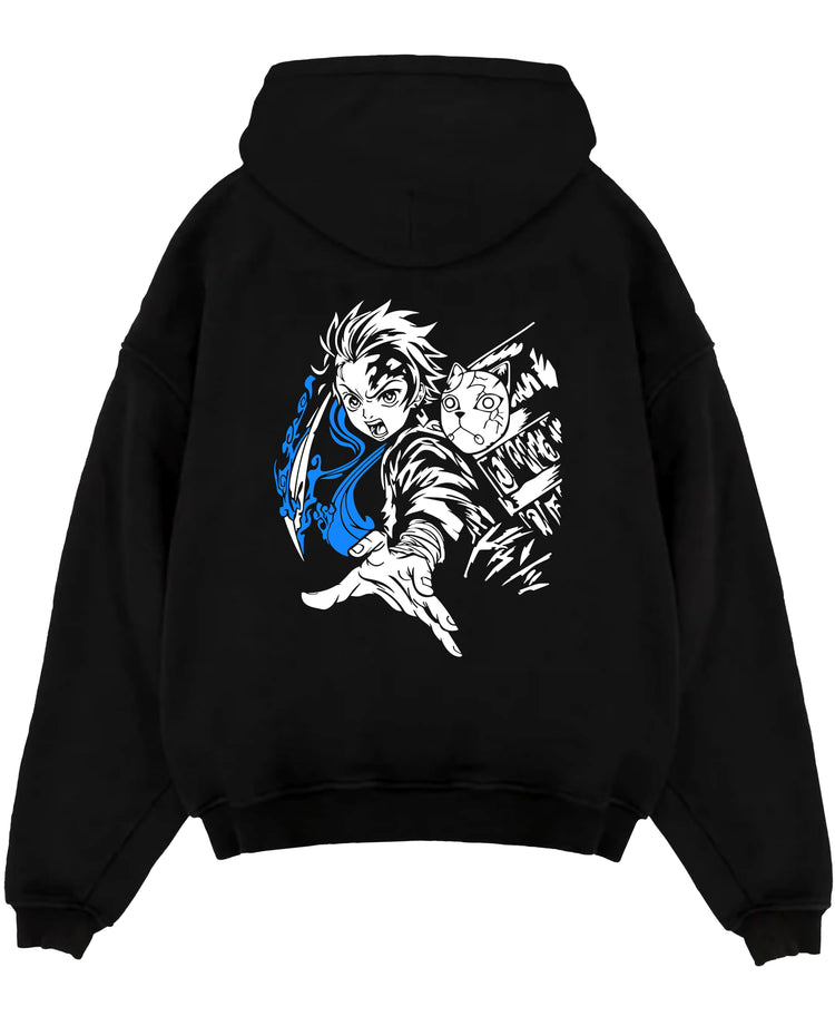 Black pullover hoodie laid flat on white, featuring Tanjiro Demon Slayer retro manga graphic with blue water slash and fox mask.
