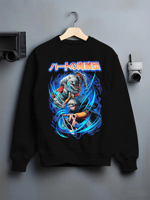 Black crewneck sweatshirt on hanger against grey wall, One Piece Trafalgar Law and Bepo back graphic with blue energy and manga styling.