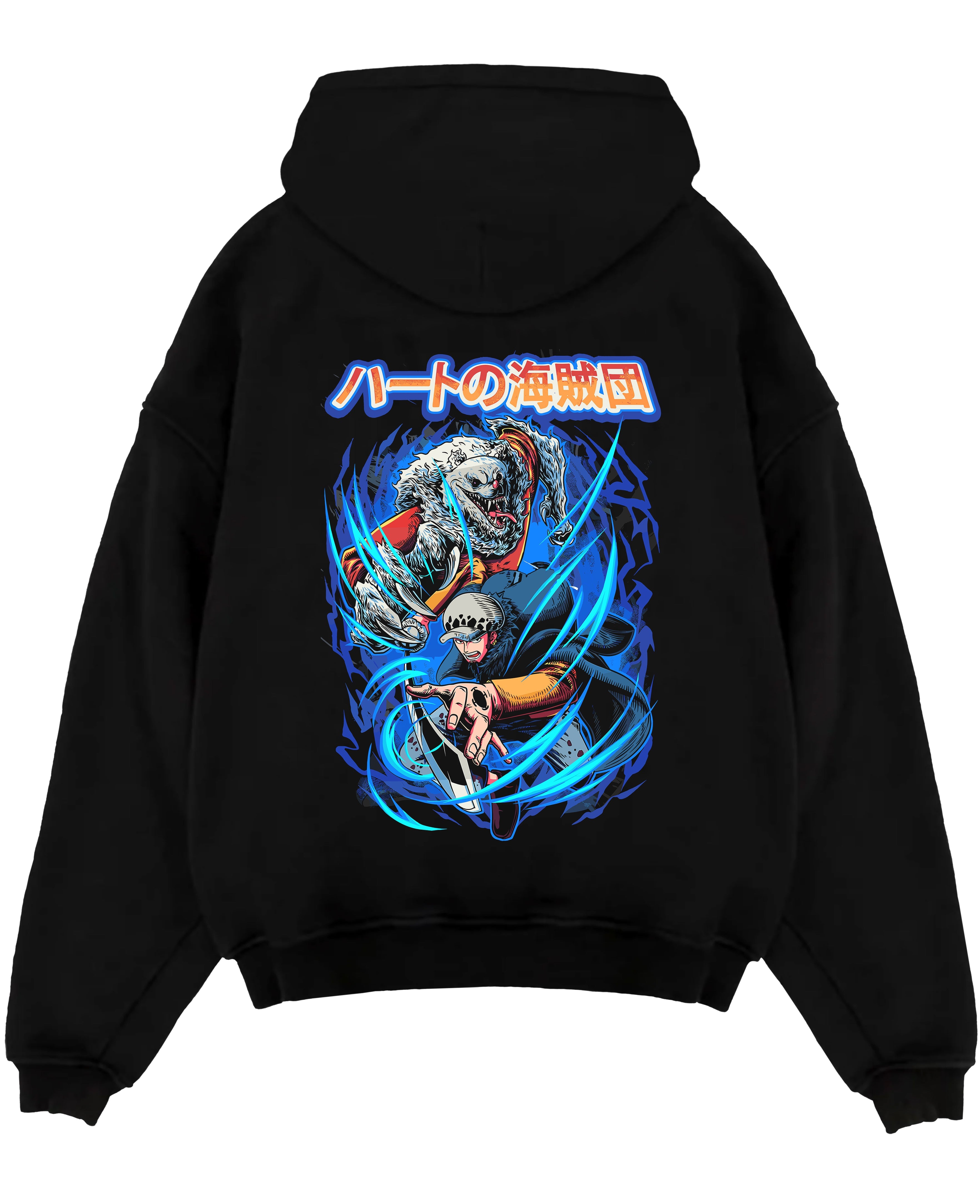 Black pullover hoodie laid flat, featuring One Piece Trafalgar Law and Bepo graphic with blue energy swirls and retro manga styling.