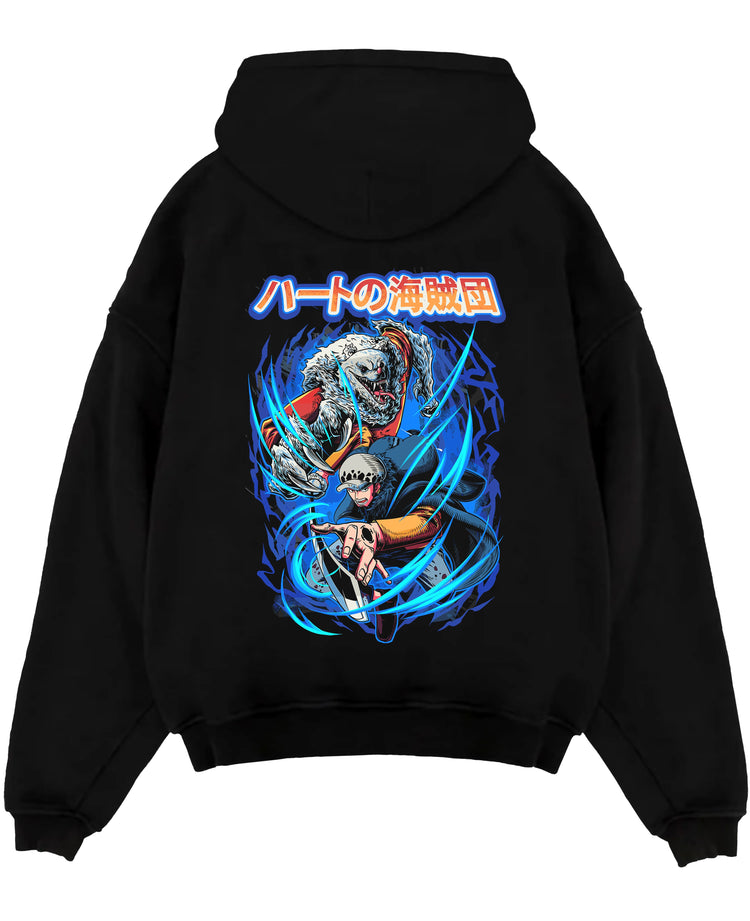 Black pullover hoodie laid flat, featuring One Piece Trafalgar Law and Bepo graphic with blue energy swirls and retro manga styling.